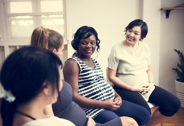 Collage illustrating a surrogate's comprehensive support network, including group meetings, counseling, and a healthy lifestyle during pregnancy.